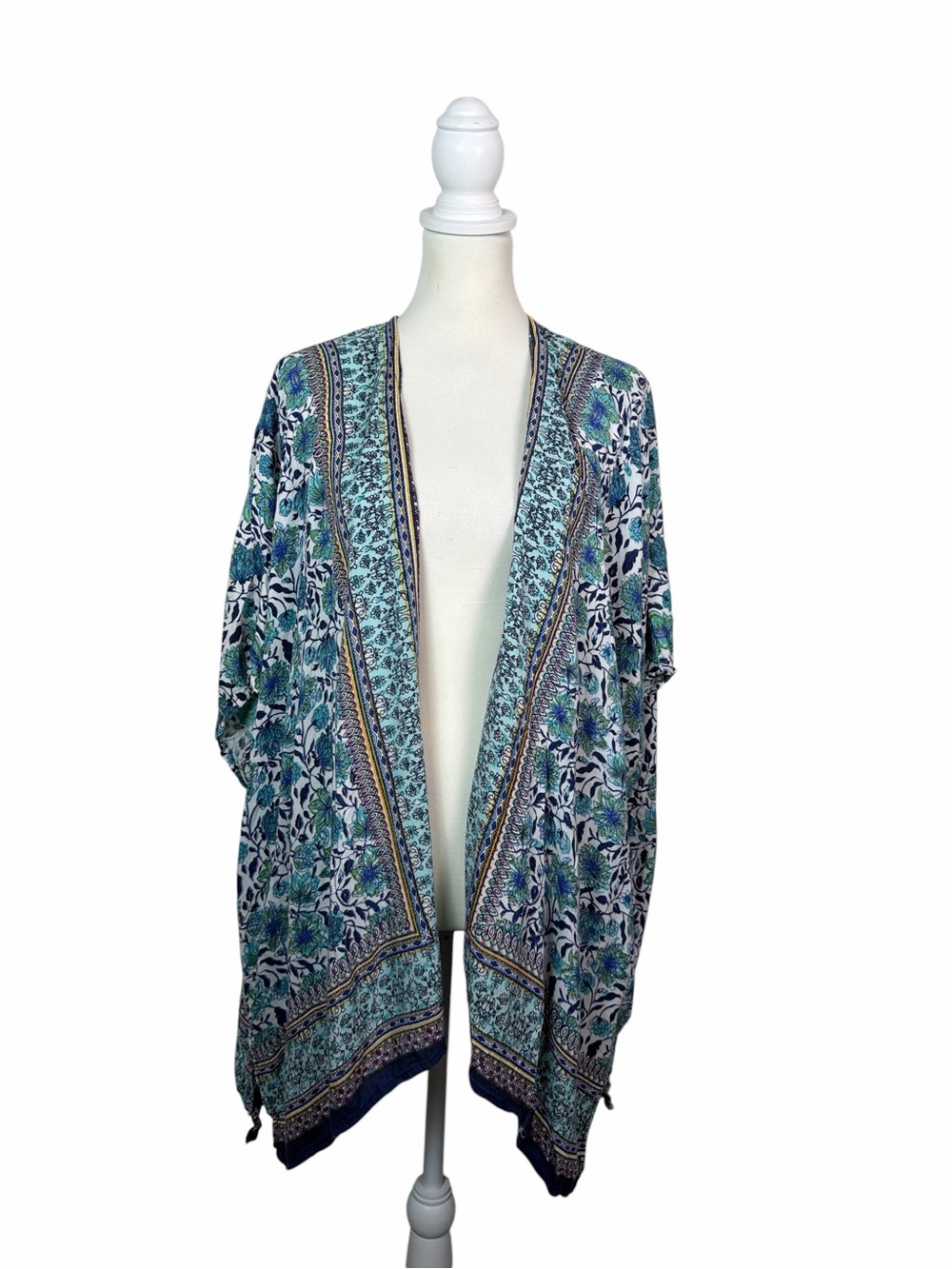 Angie Floral Kimono Cardigan Women’s Medium Blue Green Boho Open Front